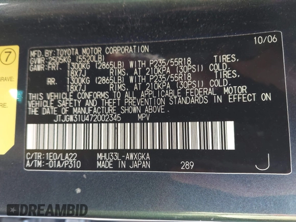 2007 Lexus RX 400h z VIN JTJGW31U472002345, wystawiony jako IAAI lot #42316771 z przebiegiem 196 551 mil mil oraz . Historia ofert i sprzedaży dostępna na DreamBid. Obrazek 9.