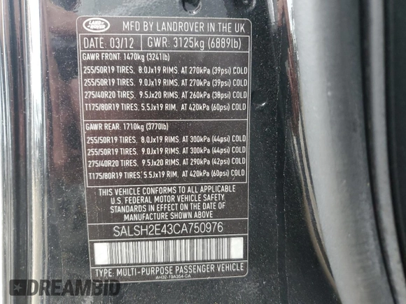 2012 Land Rover Range Rover Sport SC with VIN SALSH2E43CA750976, listed as a Copart auction lot 84709334 with 94,731 mi miles and Salvage Title. Bid and sale history available at carsss.com. Image 13.