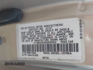 1998 Toyota Camry LE z VIN 4T1BG22K0WU232402, wystawiony jako IAAI lot #42274322 z przebiegiem 222 286 mil mil oraz . Historia ofert i sprzedaży dostępna na DreamBid. Obrazek 9.