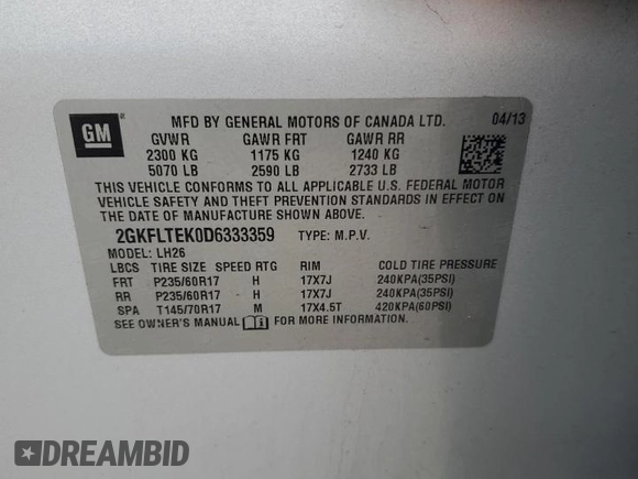 2013 GMC Terrain SLE with VIN 2GKFLTEK0D6333359, listed as a Copart auction lot 59550245 with 215,701 mi miles and Salvage title. Bid and sale history available at DreamBid. Image 13.