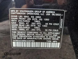 2022 Volkswagen Atlas SE with VIN 1V2KE2CA8NC228780, listed as a Copart auction lot 50834255 with 36,915 mi miles and Salvage title. Bid and sale history available at DreamBid. Image 16.