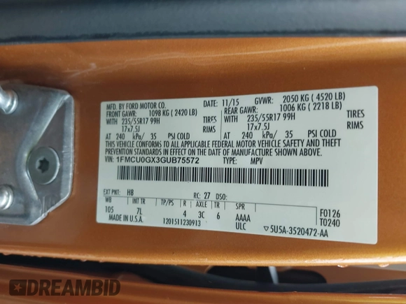 2016 Ford Escape SE with VIN 1FMCU0GX3GUB75572, listed as a IAAI auction lot 41869920 with 154,586 mi miles and . Bid and sale history available at carsss.com. Image 9.