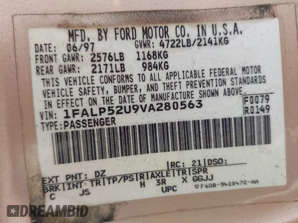1997 Ford Taurus GL z VIN 1FALP52U9VA280563, wystawiony jako IAAI lot #42045413 z przebiegiem 219 484 mil mil oraz . Historia ofert i sprzedaży dostępna na DreamBid. Obrazek 9.