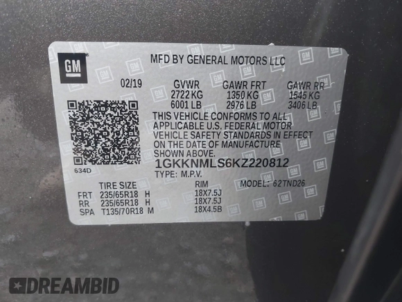 2019 GMC Acadia SLT with VIN 1GKKNMLS6KZ220812, listed as a IAAI auction lot 42034479 with 78,372 mi miles and . Bid and sale history available at carsss.com. Image 9.