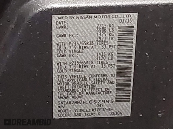 2015 Nissan Pathfinder SV с VIN 5N1AR2MM2FC652995, выставлен на аукционе IAAI как лот 42193890 с пробегом 159 612 миль миль и . История ставок и продаж доступна на DreamBid. Изображение 9.