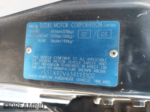 2003 Suzuki XL7 Touring с VIN JS3TX92V634113102, выставлен на аукционе IAAI как лот 41792708 с пробегом 237 299 миль миль и . История ставок и продаж доступна на DreamBid. Изображение 9.