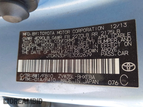 2014 Toyota Prius z VIN JTDKN3DP1E3052679, wystawiony jako IAAI lot #42506746 z przebiegiem 352 074 mil mil oraz . Historia ofert i sprzedaży dostępna na DreamBid. Obrazek 9.