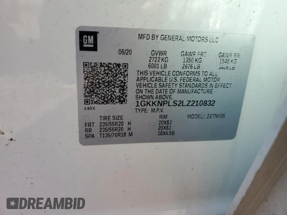 2020 GMC Acadia Denali with VIN 1GKKNPLS2LZ210832, listed as a Copart auction lot 41336785 with 72,262 mi miles and Salvage title. Bid and sale history available at DreamBid. Image 16.