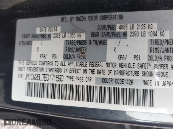 2014 Mazda 5 Sport with VIN JM1CW2BL7E0171690, listed as a IAAI auction lot 42048668 with 196,775 mi miles and . Bid and sale history available at carsss.com. Image 9.