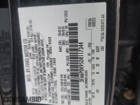 2013 Ford Fusion Titanium with VIN 3FA6P0K95DR117344, listed as a Copart auction lot 50995245 with 96,631 mi miles and Salvage Title. Bid and sale history available at carsss.com. Image 12.
