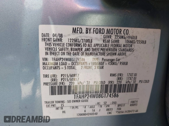 2008 Ford Taurus SEL with VIN 1FAHP24W08G174586, listed as a IAAI auction lot 41853617 with 122,016 mi miles and . Bid and sale history available at DreamBid. Image 9.