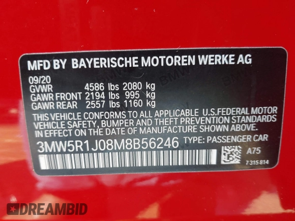 2021 BMW 3 Series 330i z VIN 3MW5R1J08M8B56246, wystawiony jako IAAI lot #42355325 z przebiegiem 48 699 mil mil oraz . Historia ofert i sprzedaży dostępna na DreamBid. Obrazek 9.