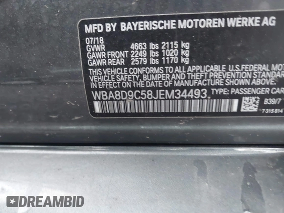 2018 BMW 3 Series 330i xDrive with VIN WBA8D9C58JEM34493, listed as a IAAI auction lot 42309425 with 58,868 mi miles and . Bid and sale history available at DreamBid. Image 9.