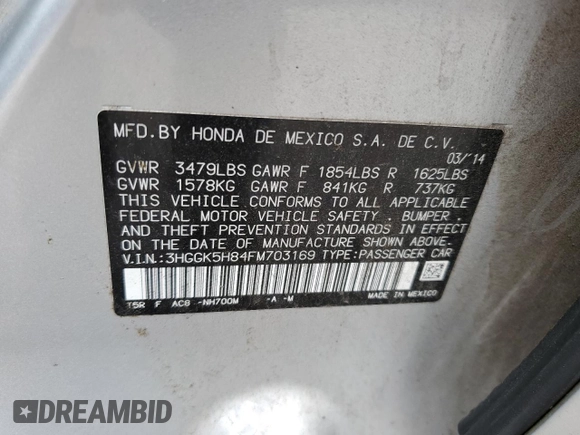 2015 Honda Fit EX-L with VIN 3HGGK5H84FM703169, listed as a Copart auction lot 57472305 with 176,377 mi miles and Salvage title. Bid and sale history available at DreamBid. Image 13.