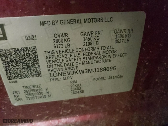 2021 Chevrolet Traverse RS with VIN 1GNEVJKW3MJ188695, listed as a Copart auction lot 42749675 with 0 mi miles and Salvage Title. Bid and sale history available at carsss.com. Image 13.