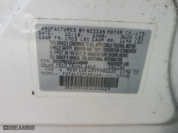 2018 Nissan Kicks SV with VIN 3N1CP5CU2JL540669, listed as a Copart auction lot 73797574 with 0 mi miles and Non Repairable. Bid and sale history available at carsss.com. Image 13.