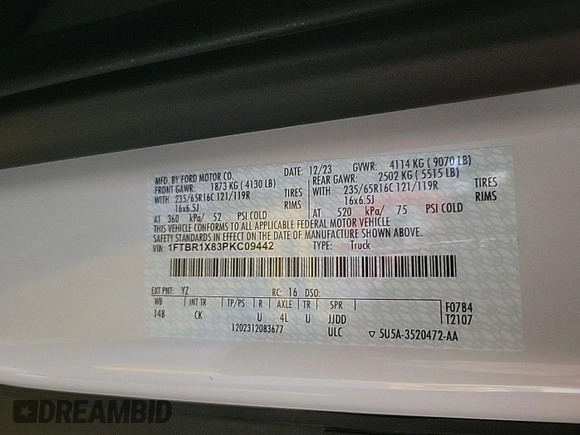 2023 Ford Transit Cargo with VIN 1FTBR1X83PKC09442, listed as a IAAI auction lot 42900649 with 4,332 mi miles and . Bid and sale history available at DreamBid. Image 21.