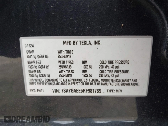 2024 Tesla Model Y Long Range with VIN 7SAYGAEE5RF981789, listed as a IAAI auction lot 41991292 with 21,103 mi miles. Bid and sale history available at carsss.com. Image 9.