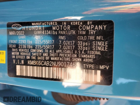 2022 Hyundai Kona SEL with VIN KM8K6CAB2NU901746, listed as a Copart auction lot 48111325 with 35,367 mi miles and Salvage Title. Bid and sale history available at DreamBid. Image 13.