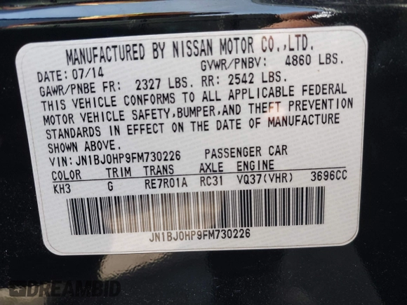 2015 Infiniti QX50 Journey with VIN JN1BJ0HP9FM730226, listed as a IAAI auction lot 41425510 with 1 mi miles. Bid and sale history available at carsss.com. Image 9.