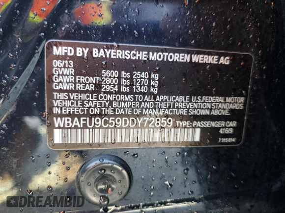 2013 BMW 5 Series 550i xDrive z VIN WBAFU9C59DDY72859, wystawiony jako Copart lot #56211465 z przebiegiem 98 620 mil mil oraz Szkoda całkowita • Salvage title. Historia ofert i sprzedaży dostępna na DreamBid. Obrazek 12.