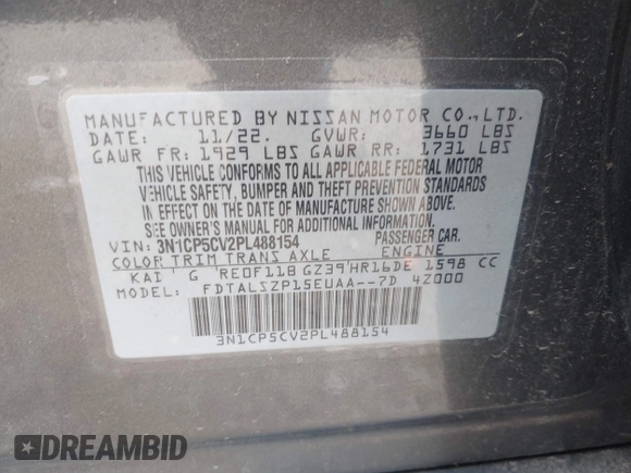 2023 Nissan Kicks SV with VIN 3N1CP5CV2PL488154, listed as a IAAI auction lot 42243416 with 36,535 mi miles and . Bid and sale history available at DreamBid. Image 9.