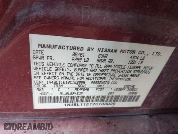 2002 Nissan Altima SE with VIN 1N4BL11E12C103029, listed as a IAAI auction lot 41953119 with 150,499 mi miles. Bid and sale history available at carsss.com. Image 9.