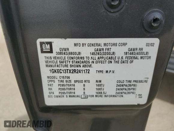 2002 GMC Yukon SLT z VIN 1GKEC13TX2R241172, wystawiony jako Copart lot #47281635 z przebiegiem Nie podano mil oraz Szkoda całkowita • Salvage title. Historia ofert i sprzedaży dostępna na DreamBid. Obrazek 15.