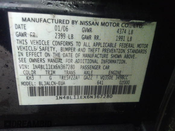 2006 Nissan Altima SE with VIN 1N4BL11EX6N367280, listed as a IAAI auction lot 38598069 with 113,551 mi miles. Bid and sale history available at carsss.com. Image 9.