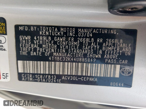 2004 Toyota Camry LE with VIN 4T1BE32K44U885842, listed as a Copart auction lot 53461085 with 94,938 mi miles and Clean Title. Bid and sale history available at carsss.com. Image 12.