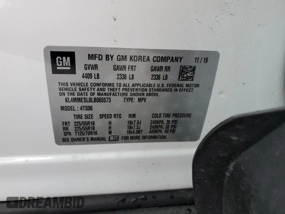 2020 Buick Encore GX Select with VIN KL4MMESL0LB065573, listed as a Copart auction lot 56835405 with 91,200 mi miles and Salvage title. Bid and sale history available at DreamBid. Image 14.