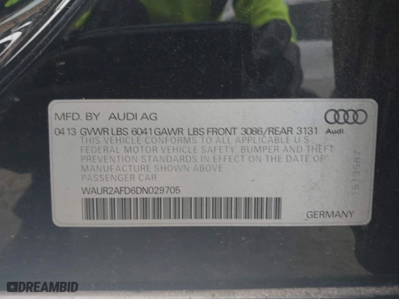 2013 Audi A8 L 4.0L with VIN WAUR2AFD6DN029705, listed as a IAAI auction lot 41476842 with 162,749 mi miles. Bid and sale history available at carsss.com. Image 9.
