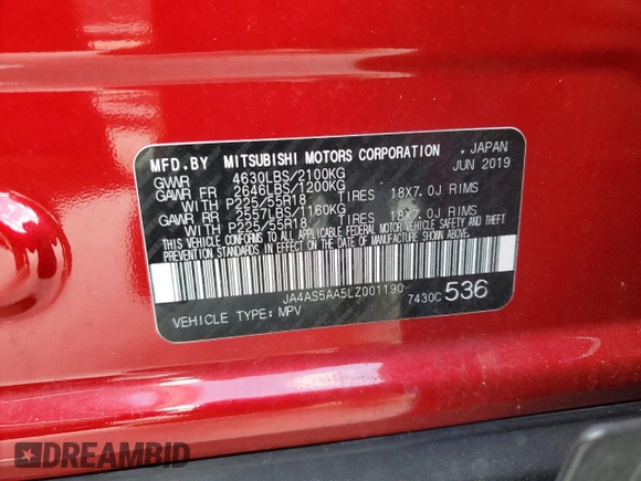2020 Mitsubishi Eclipse Cross SE с VIN JA4AS5AA5LZ001190, выставлен на аукционе Copart как лот 73293224 с пробегом 34 796 миль миль и На запчасти • Non repairable. История ставок и продаж доступна на DreamBid. Изображение 14.