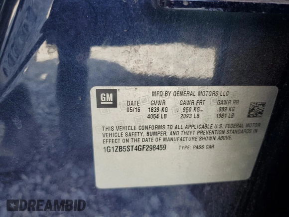 2016 Chevrolet Malibu LS with VIN 1G1ZB5ST4GF298459, listed as a Copart auction lot 61502665 with 80,619 mi miles and Salvage title. Bid and sale history available at DreamBid. Image 12.