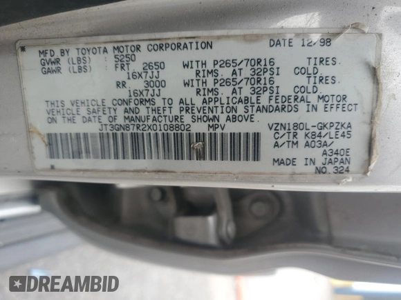 1999 Toyota 4Runner Limited with VIN JT3GN87R2X0108802, listed as a Copart auction lot 50343965 with Not Provided miles and Salvage Title. Bid and sale history available at DreamBid. Image 14.