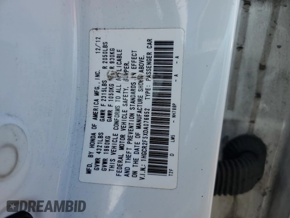 2013 Honda Accord Sport with VIN 1HGCR2F5XDA076652, listed as a Copart auction lot 56407975 with 94,014 mi miles and Clean Title. Bid and sale history available at DreamBid. Image 12.