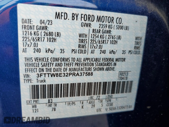 2023 Ford Maverick XL with VIN 3FTTW8E32PRA37588, listed as a Copart auction lot 49145195 with 9,946 mi miles and Salvage Title. Bid and sale history available at DreamBid. Image 13.