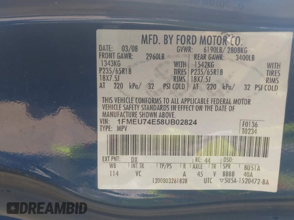 2008 Ford Explorer Eddie Bauer with VIN 1FMEU74E58UB02824, listed as a IAAI auction lot 42230704 with 157,714 mi miles and . Bid and sale history available at DreamBid. Image 9.
