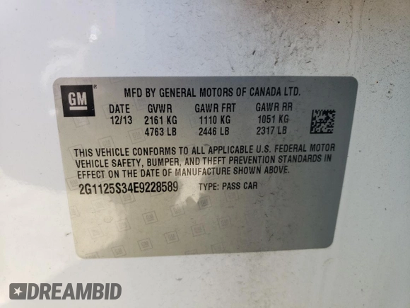 2014 Chevrolet Impala LT with VIN 2G1125S34E9228589, listed as a Copart auction lot 75251334 with 103,569 mi miles and Non Repairable. Bid and sale history available at DreamBid. Image 12.