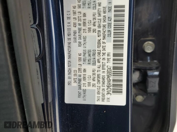 2023 Mazda CX-30 S with VIN 3MVDMBAM4PM586047, listed as a Copart auction lot 54993645 with Not provided miles and Salvage title. Bid and sale history available at DreamBid. Image 12.