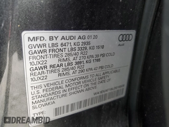 2020 Audi Q8 Premium Plus with VIN WA1EVAF19LD016508, listed as a Copart auction lot 44866694 with 49,835 mi miles and Salvage title. Bid and sale history available at DreamBid. Image 13.