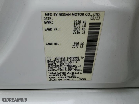 2013 Nissan Altima 2.5 S with VIN 1N4AL3AP9DC228131, listed as a Copart auction lot 49154935 with 187,875 mi miles and Salvage Title. Bid and sale history available at carsss.com. Image 14.