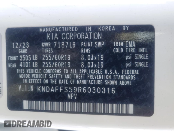 2024 Kia EV9 Wind z VIN KNDAFFS59R6030316, wystawiony jako Copart lot #87417224 z przebiegiem 10 654 mil mil oraz Szkoda całkowita • Salvage title. Historia ofert i sprzedaży dostępna na DreamBid. Obrazek 14.