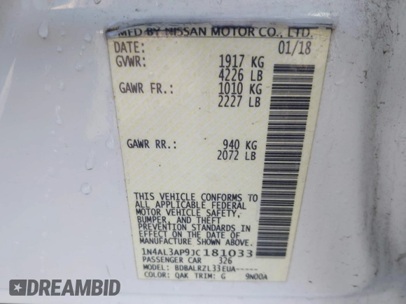 2018 Nissan Altima S with VIN 1N4AL3AP9JC181033, listed as a IAAI auction lot 41400570 with 198,928 mi miles and . Bid and sale history available at carsss.com. Image 9.