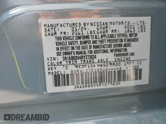 2024 Nissan Sentra SR with VIN 3N1AB8DV4RY279834, listed as a Copart auction lot 53889455 with 5,901 mi miles and Salvage title. Bid and sale history available at DreamBid. Image 12.