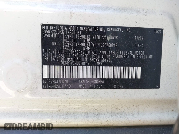 2021 Toyota RAV4 Hybrid XSE with VIN 4T3E6RFV9MU040817, listed as a IAAI auction lot 42182773 with 39,438 mi miles and . Bid and sale history available at DreamBid. Image 9.