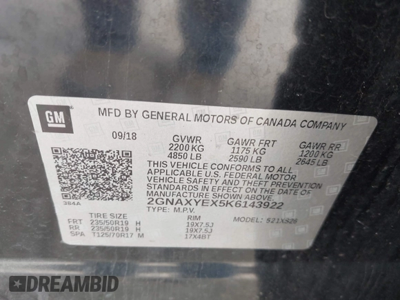 2019 Chevrolet Equinox Premier z VIN 2GNAXYEX5K6143922, wystawiony jako IAAI lot #42134219 z przebiegiem 105 496 mil mil oraz . Historia ofert i sprzedaży dostępna na DreamBid. Obrazek 9.