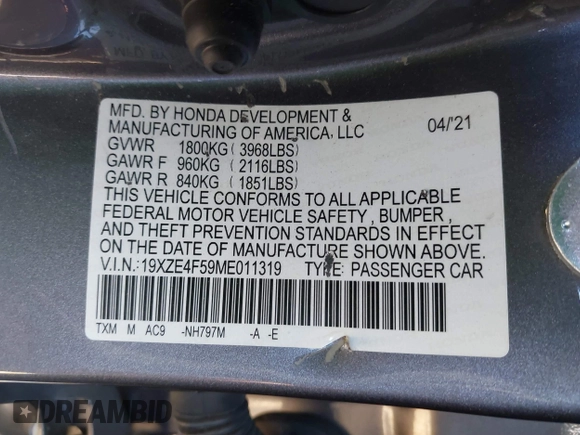2021 Honda Insight EX with VIN 19XZE4F59ME011319, listed as a IAAI auction lot 41736121 with 118,122 mi miles and . Bid and sale history available at carsss.com. Image 9.