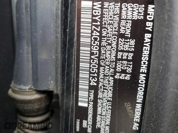 2015 BMW i3 z VIN WBY1Z4C59FV505134, wystawiony jako Copart lot #55181285 z przebiegiem Nie podano mil oraz Szkody całkowita. Historia ofert i sprzedaży dostępna na DreamBid. Obrazek 14.