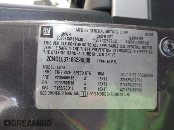 2008 Chevrolet Equinox Sport with VIN 2CNDL037186298008, listed as a IAAI auction lot 41593587 with 124,547 mi miles. Bid and sale history available at carsss.com. Image 9.